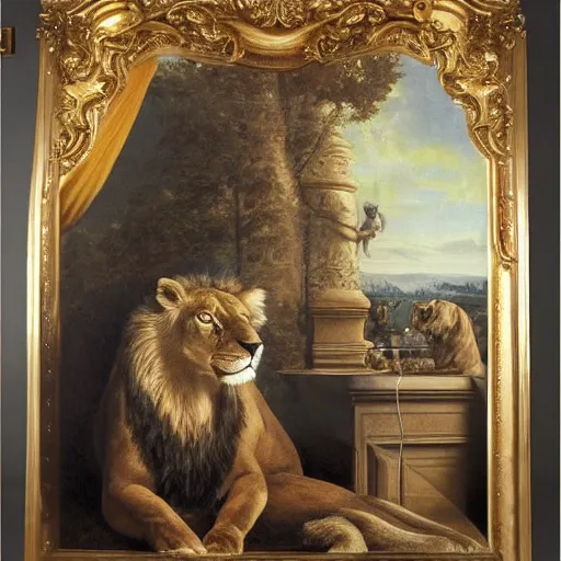 Image similar to Swedish king Carl XVI Gustaf with his pet lion, smoking a cigar, professional oil painting, highly detailed, renaissance