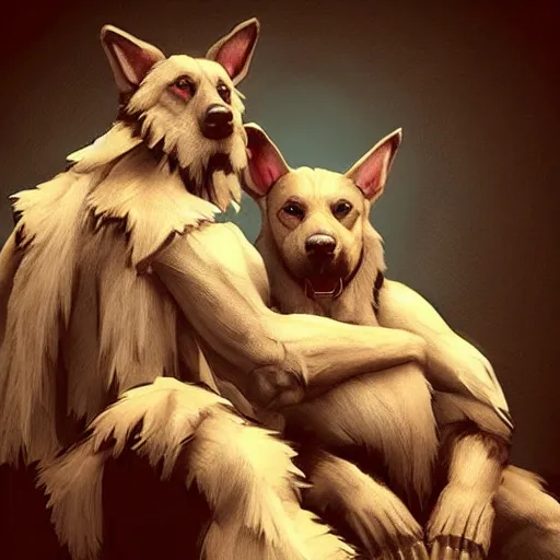 Image similar to two humanoid german shepherds beast - men, sitting on a couch and hugging together, artstation, concept art, smooth, sharp foccus ilustration, artstation