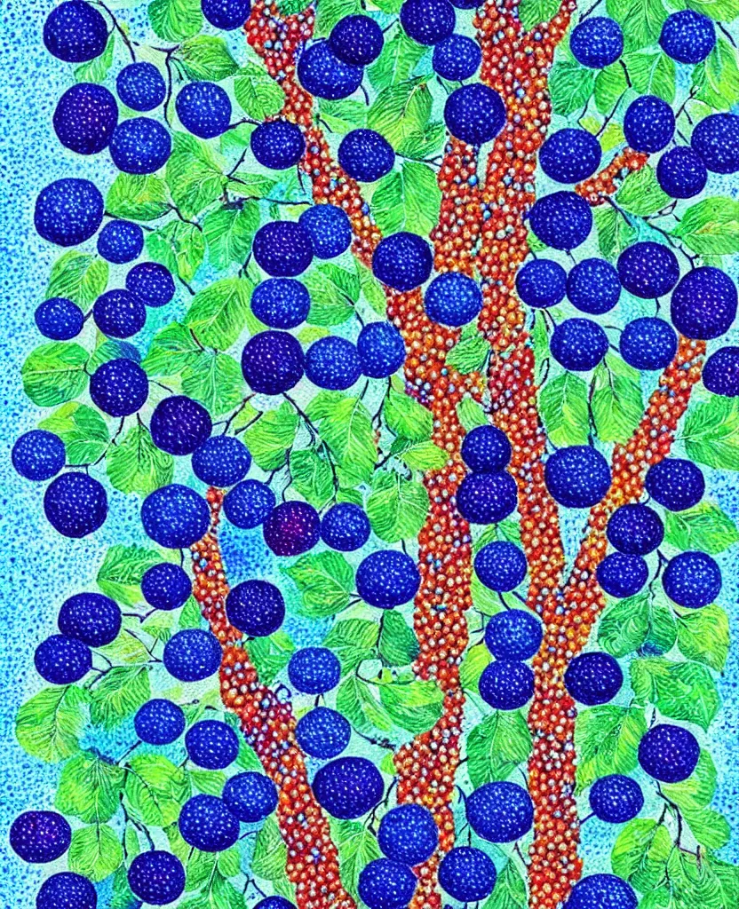 Image similar to a painting of a tree with blue berries on it, a pointillism painting by laurel burch, pinterest contest winner, mail art, vivid colors, whimsical, fauvism