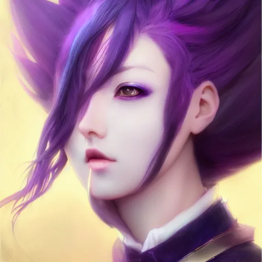 Image similar to beautiful anime woman with purple hair, a horn! on her forehead, purple eyes, a purple tuxedo, sharp focus, intricate, cell shaded, award winning photography, cinematic, digital painting, cinematic, wlop, 8 k, by ross tran, tom bagshaw