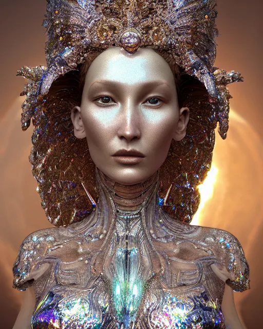 Image similar to a highly detailed metahuman 4 k close up render of an alien goddess bella hadid monument renaissance in iris van herpen dress schiaparelli in diamonds crystals swarovski and jewelry iridescent in style of alphonse mucha gustav klimt trending on artstation made in unreal engine 4