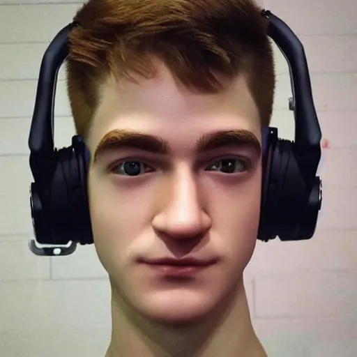 Image similar to “a realistic detailed photo of a guy who is an attractive humanoid who is half robot and half humanoid, who is a male android, twitch streamer Ninja Tyler Blevins, shiny skin, posing like a statue, blank stare, gaming room, close up”