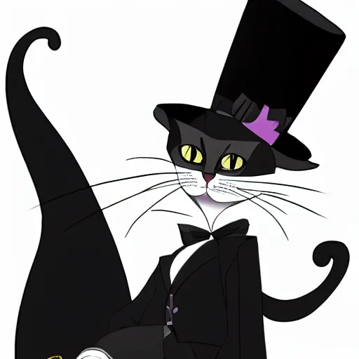 Prompt: a black and white cat wearing a top hat | vector art by hanns katz, character portrait by puru, furry art, deviantart contest winner | purism, concept art, flat shading, vanitas, ( ( bright green eyes shining in the dark ) ), full body shot, ( ( unreal engine 5 ) )