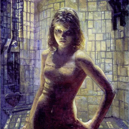 Image similar to young girl lost in a labyrinth, by dean cornwell,