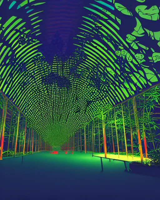 Image similar to landscape by shigeru ban, fisheye nature flowers junglepunk neon signs dramatic lighting nightvision forest morning sun darkacademia laser uv light vaporwave at night hyperrealism, archdaily, wallpaper, highly detailed, trending on artstation.