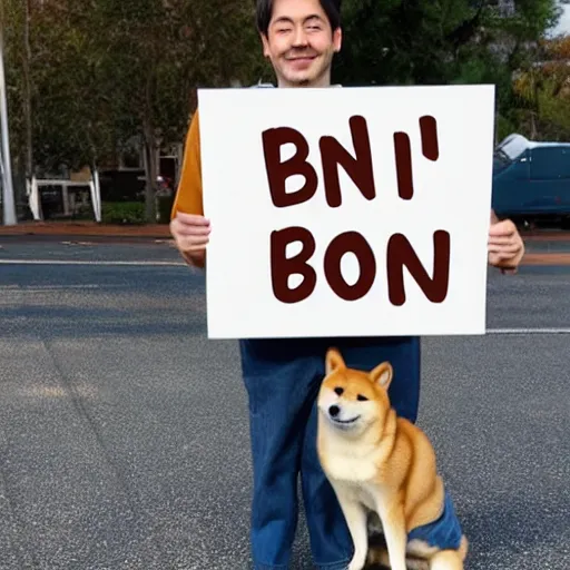 Image similar to shiba inu holding holding a sign with text that reads bonk, in paws