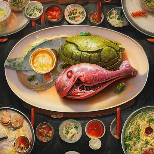 Image similar to A close up shot of a table-spread of amazing food hot and fresh and steaming, ultra high detailed, oil painting, Greg Rutkowski, Charlie Bowater, Yuumei, Yanjun Cheng, unreal 5, DAZ, hyperrealistic, octane render, RPG portrait, dynamic lighting, fantasy art, beautiful