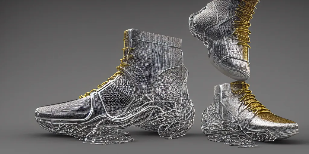 Prompt: one wire mesh high - top sneaker with neon illuminated soles on a grey surface, clean 3 d render, beautiful studio lighting, soft, sharp focus, cyberpunk, intricate detail, gold filigree, art by iris van herpen and syd mead and rodin