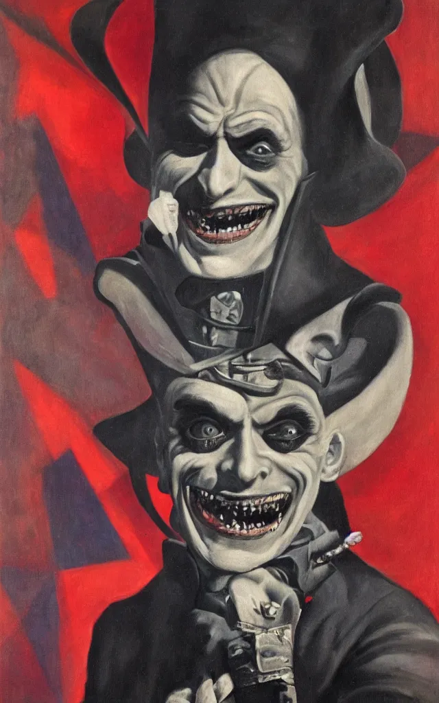 Image similar to portrait of conrad veidt the man who laughs wide grin, award winning oil surrealist painting, sharp color palette