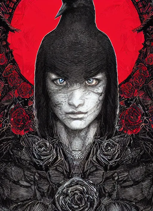 Image similar to portrait, A crow with red eyes in front of the full big moon, book cover, red roses, red white black colors, establishing shot, extremly high detail, foto realistic, cinematic lighting, pen and ink, intricate line drawings, by Yoshitaka Amano, Ruan Jia, Kentaro Miura, Artgerm, post processed, concept art, artstation, matte painting, style by eddie mendoza, raphael lacoste, alex ross