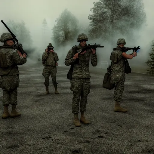 Image similar to military road block with sandbags and armed soldiers during zombie apocalypse, old 3d cgi, high quality, mist, smoke, high focus, dark mood,