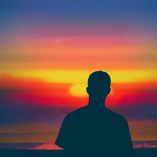 Prompt: a man looking off into a vaporwave sunset