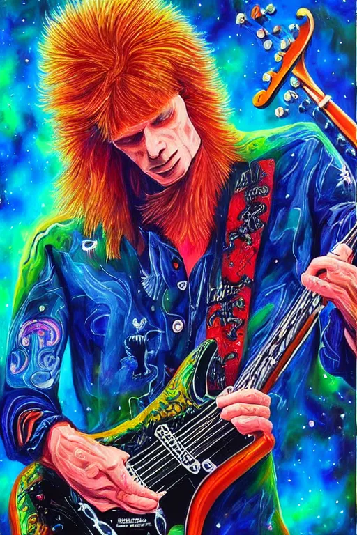 Image similar to beautiful detailed acrylic painting of a psychedelic and hardcore dave munstaine play music in the cosmos