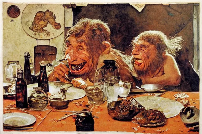 Prompt: a happy neanderthal eating dinner, by norman rockwell