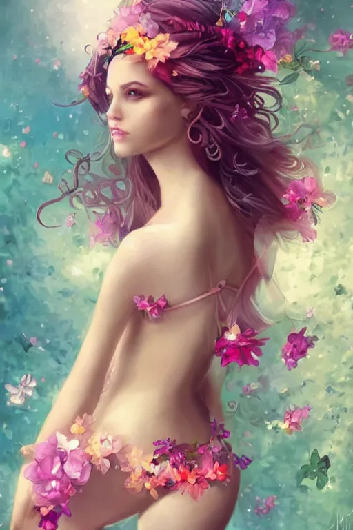 Prompt: a beautiful elegant sexy fairy with a bikini made of flowers by charlie bowater, pretty, gorgeous colorful