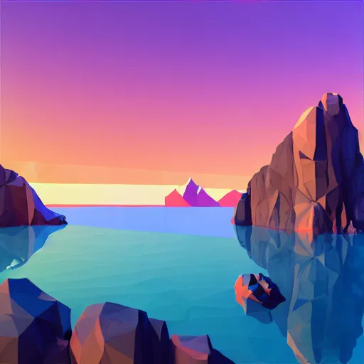 Image similar to super detailed color lowpoly art, northern sunset with rocks on front, monochrome photorealistic bay in the middle of perspective and mountains at background, big graphic vessel in the middle of composition, unreal engine, high contrast color palette, 3 d render, lowpoly, colorful, digital art, perspective, full volume composition, robb cobb, robert mccall, syd mead