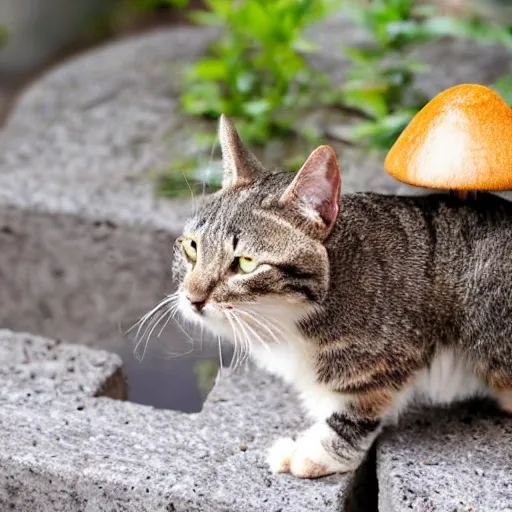 Image similar to a small domestic housecat with a mushroom growing atop its head