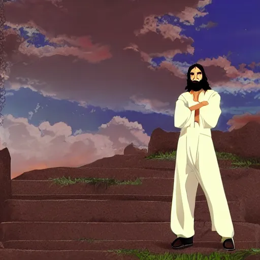 Image similar to Jesus as anime character posing ready to fight