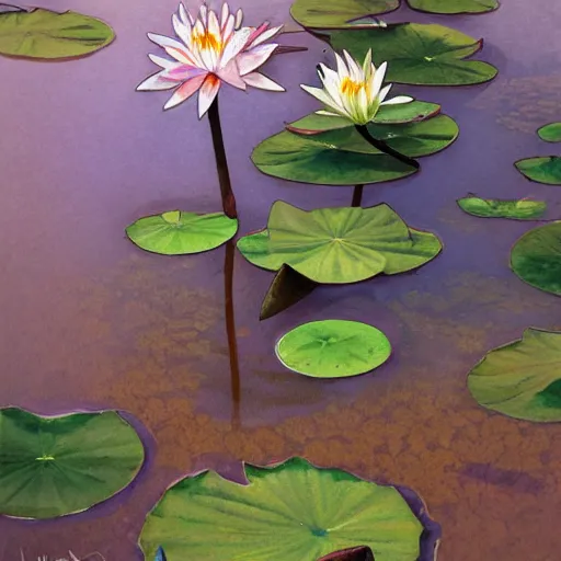 Image similar to Water Lillies in Paradise, Watercolor, photorealistic, high resolution, award winning, trending on artstation, intricate, elegant, highly detailed, digital painting, artstation, concept art, smooth, sharp focus, illustration, art by artgerm and greg rutkowski and alphonse mucha