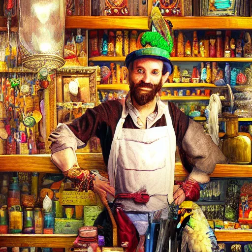 Image similar to Oil painting of Anthropomorphized parrot trader in his shop, shelves full, selling a gem, portrait, items, magic potions, carpet, window, fancy funny hat, sly expression , cunning expression, cute expression, presenting magic gem, D&D, fantasy, cinematic lighting, highly detailed, digital painting, artstation, concept art, smooth, sharp focus, illustration, warm light, cozy warm tint, magic the gathering artwork, volumetric lighting, 8k, no gold, no gold colours, art by Akihiko Yoshida and Greg Rutkowski