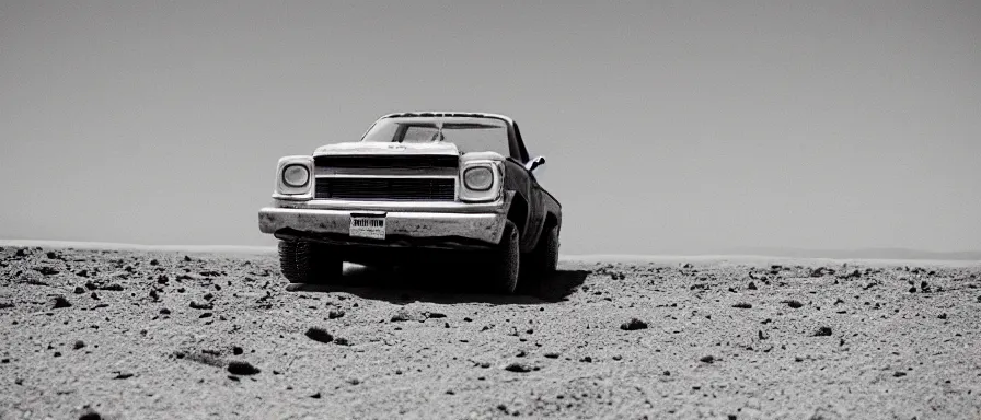 Image similar to a rusting el camino half buried in sand on the surface of mars, ancient discovery, cinematic photograph landscape, 7 5 mm canon mark 1, high contrast, moody, gritty, ambient