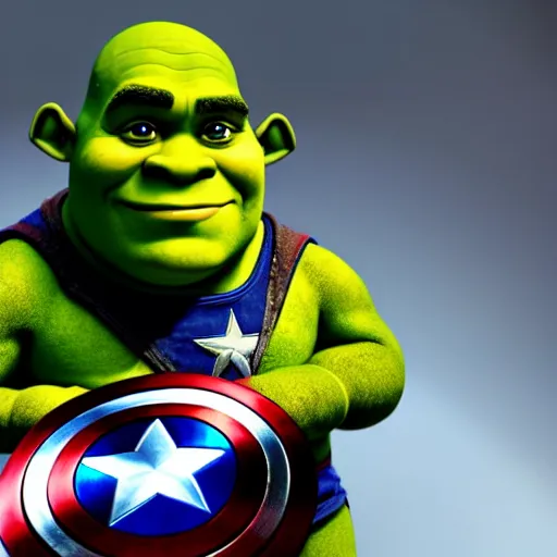 Image similar to digital painting of tiny super cute Shrek as Captain America in palms of someone's hands, octane render, volumetric lightening, by marvel