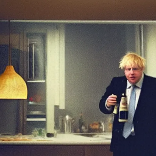 Prompt: grainy telephoto shot through a window at night of Boris Johnson standing in a kitchen and holding a bottle of beer