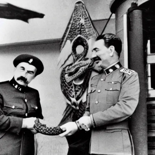 Image similar to Joseph Stalin friendship with dragon,