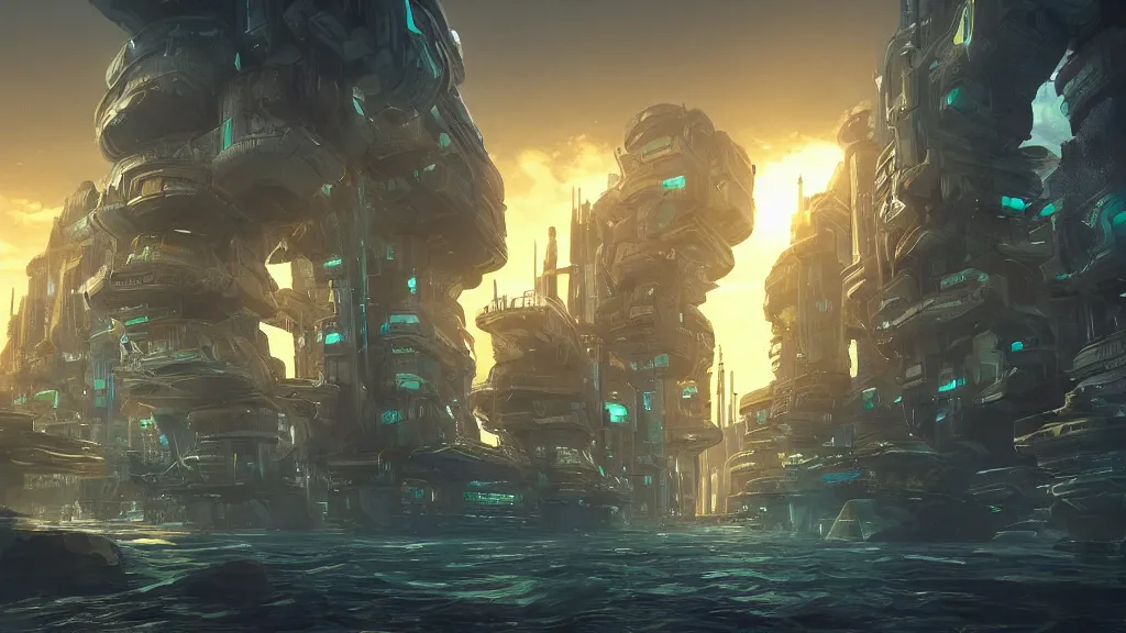 Prompt: underwater futuristic city, orthographic, dramatic lighting, trending on artstation