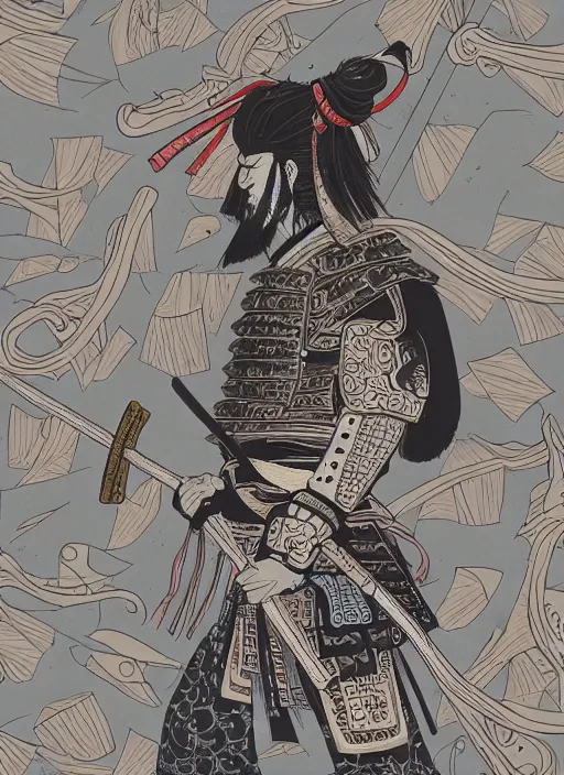 Prompt: Samurai, in the style of Sam Guay and James Jean, flat illustration, trending on artstation