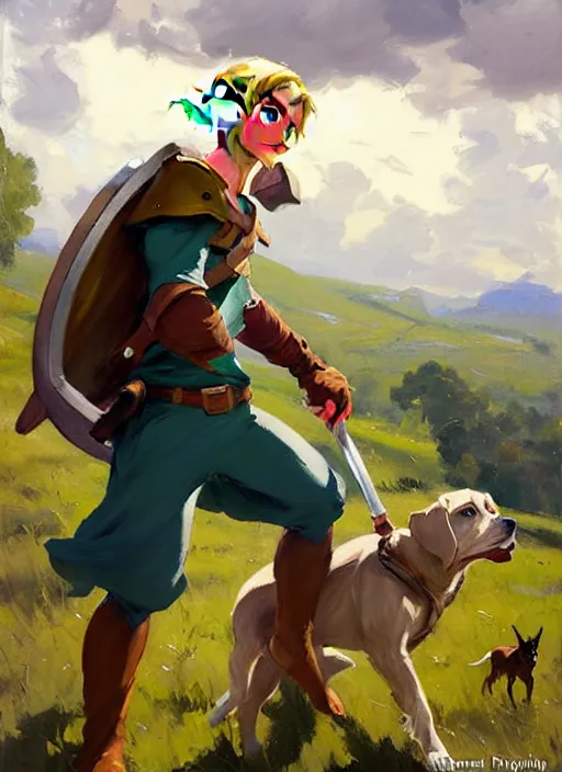 Prompt: Greg Manchess painting of Link from Legend of Zelda in casual wear out with the dogs, countryside, fantasy character portrait, dynamic pose, above view, sunny day, thunder clouds in the sky, artwork by Jeremy Lipkin and Giuseppe Dangelico Pino and Michael Garmash and Rob Rey, very coherent asymmetrical artwork, sharp edges, perfect face, simple form, wacky, 100mm