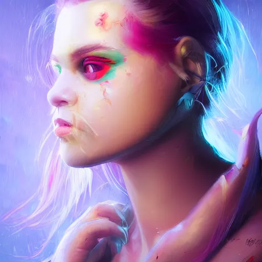 Prompt: Portrait of beautiful girl with luscious full pouty lips, huggy wuggy from poppy playtime video game, neon face paint, striking eyes, fullbody, ultra high detailed, oil painting, Greg Rutkowski, Charlie Bowater, Yuumei, Yanjun Cheng, unreal 5, DAZ, hyperrealistic, octane render, RPG portrait, dynamic lighting, fantasy art, beautiful face