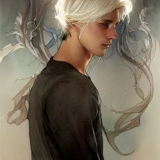 Prompt: teen boy, silver hair, shoulder - length hair, ethereal, elegant, intricate, delicate, sharp focus, highly detailed, artstation, watercolor, by artgerm and greg rutkowski and alphonse mucha