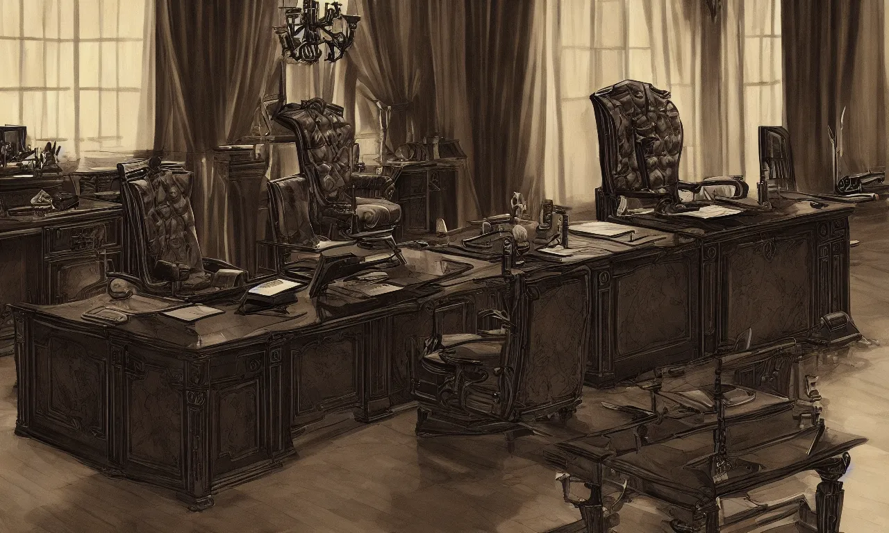 Prompt: demonic executive office with high back chair with onyx finishes, by asher brown durand, trending on artstation, 8 k resolution, dieselpunk, demonic symbols