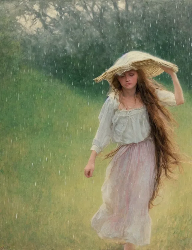 Image similar to peasant girl with long windy hair running under the rain, cottage core, cinematic focus, polaroid photo bleached vintage pastel colors high - key lighting, soft lights, foggy, by steve hanks, by lisa yuskavage, by serov valentin, by tarkovsky, 8 k render, detailed, oil on canvas