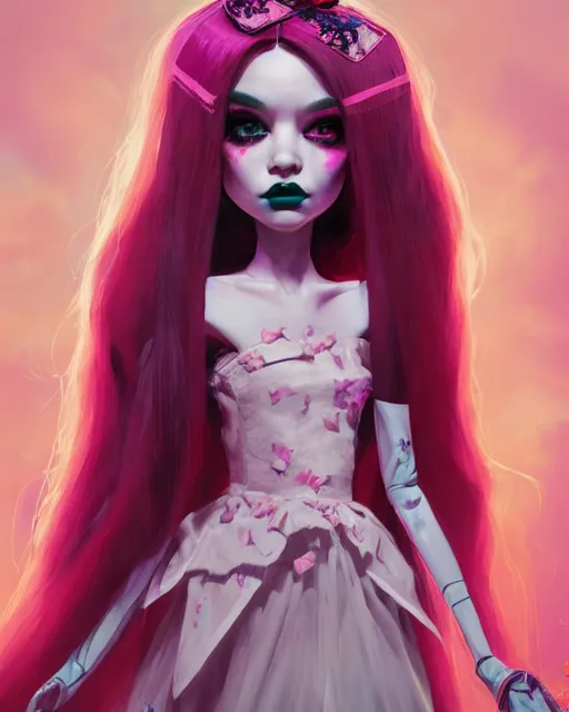 Image similar to portrait of monster high doll, stephen bliss, unreal engine, by greg rutkowski, loish, rhads, makoto shinkai and lois van baarle, ilya kuvshinov, rossdraws, global illumination, radiant light, detailed and intricate environment, pastel lighting