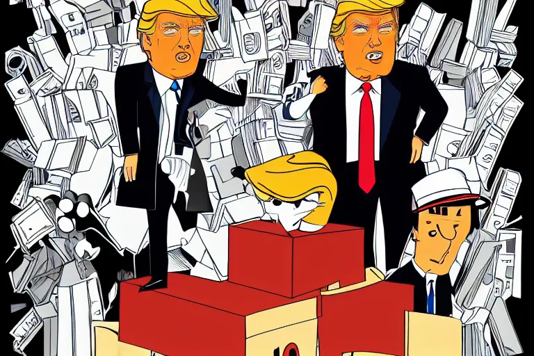 Image similar to 2 d poster illlustration donald trump and donald trump wearing trenchcoats and black spy hats, stacks of boxes everywhere and a safe broken open for the movie spy vs spy