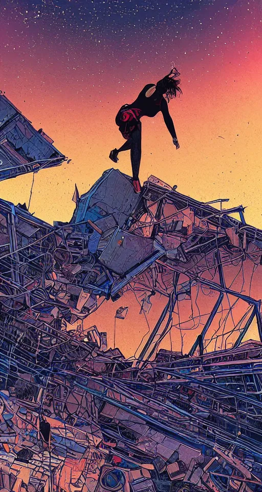 Prompt: a woman free climbing in a massive junkyard. art in the style of moebius. detailed science fiction illustration. stars in the background. beautiful lighting. digital painting