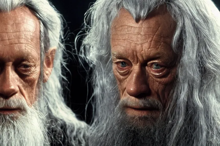 Image similar to lance henriksen as gandalf stood outside orthanc, style of h. r. giger, directed by david fincher, muted tones, detailed lance henriksen facial feature