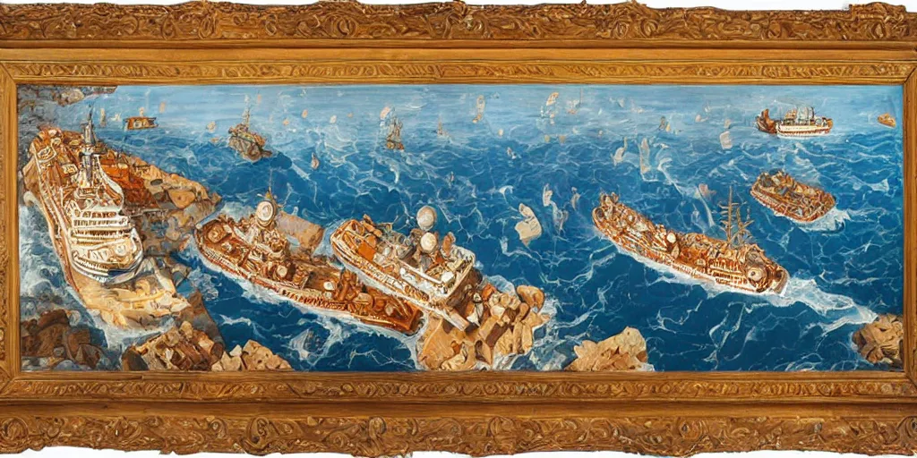 Prompt: incredibly detailed rinascimental painting of a naval battle in front of Boccadasse. Cinque terre. Big wooden ships. Dynamic. Bloon. Sunny. Wide canvas. Style of George Philip Reinagle and Paolo Veronese. Very detailed. Colored houses