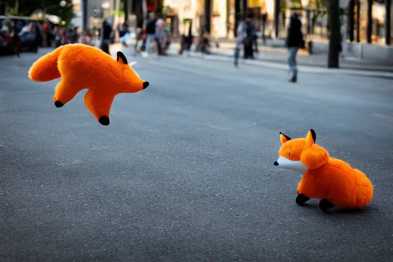 Image similar to A fabric stuffed animal toy fox plushie wagging its tail rapidly while sitting on the sidewalk, dynamic, motion blur, 1/4 shutter speed, award winning photography