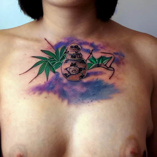 Image similar to an ultra realistic 8 k hdr photo of an award winning healed color tattoo of a hemp bud on a girls chest in japanese style