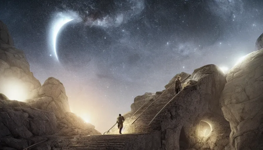 Prompt: a stone stairway leading into space, moonlit landscape, night sky with planets and nebulae visible, rule of thirds, highly detailed, natural volumetric lighting, trending on artstation, concept art, matte painting, 4k, octane render, art by ted nasmith and greg rutkowski