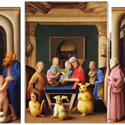 Image similar to A pikachu family portrait, Family portrait, guild commission, Sienese school, Florentine school, sfumato, chiaroscuro, perspective, foreshortening, proportions, still life, al fresco, panel painting, triptych, diptych, quadriptych, oil on canvas, Artwork by Hubert van Eyck