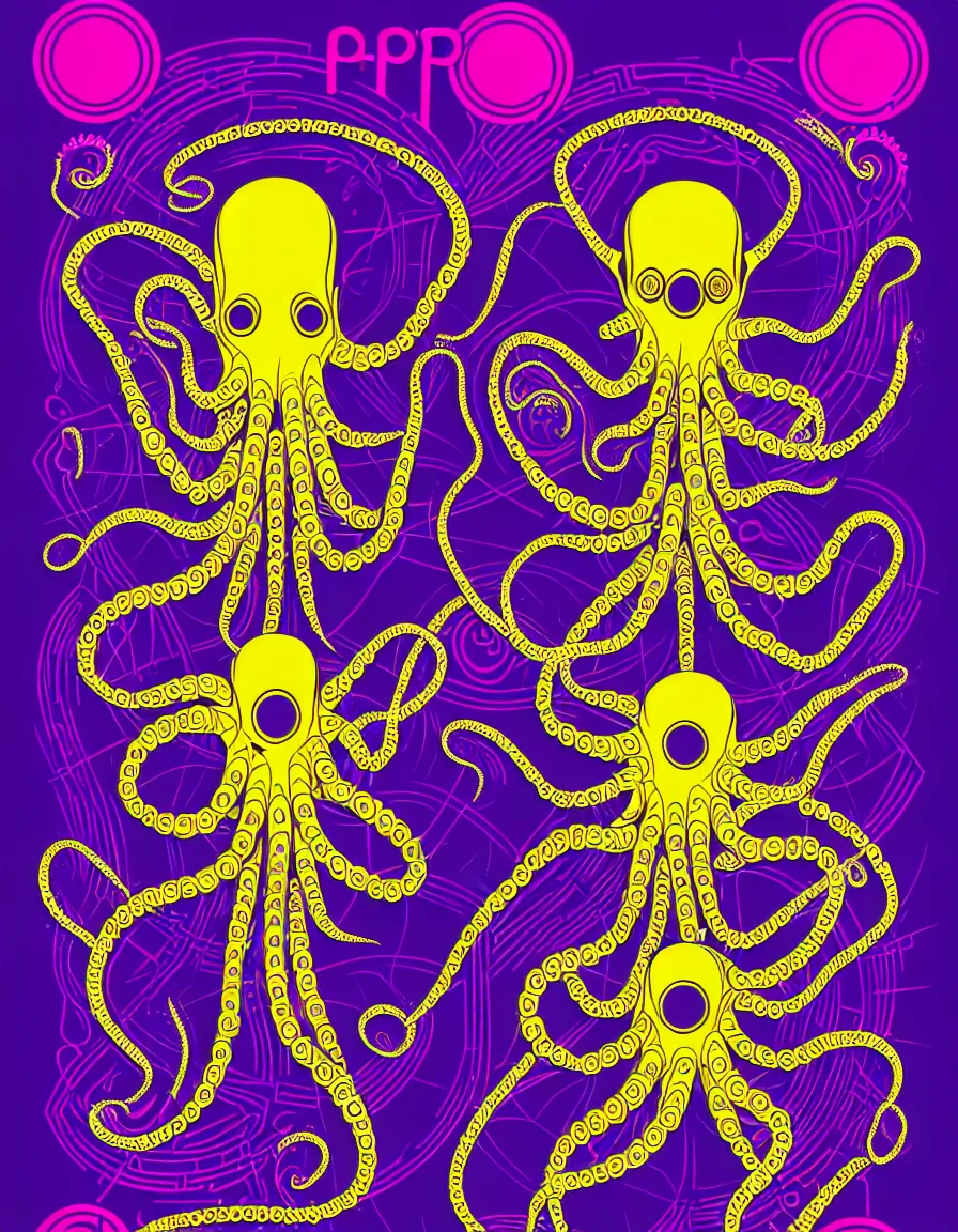 Prompt: psychedelic concert poster cyborg robotic symmetrical octopus, vector art, 8k, trending on artstation, typographic concert poster