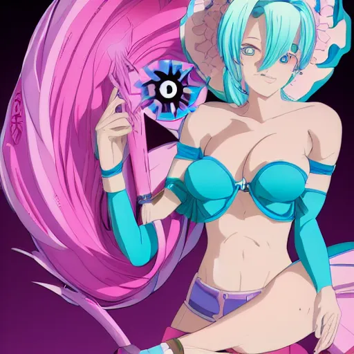 Prompt: viewed from frog's perspective, stunningly beautiful omnipotent megalomaniacal anime goddess with porcelain skin, pink twintail hair and mesmerizing cyan eyes, symmetrical perfect face smiling in a mischievous, devious and haughty way while looking down upon the viewer, mid view, hyperdetailed, 2 d, 8 k