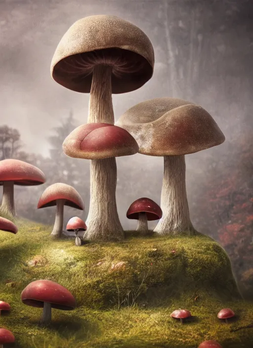 Image similar to wide - angle shot of mushroom temple, depth of field, zeiss lens, detailed, symmetrical, centered, fashion photoshoot, by nicoletta ceccoli, mark ryden, lostfish, earl nore, hyung tae, frank frazetta, breathtaking, 8 k resolution, extremely detailed, beautiful, establishing shot, artistic, hyperrealistic, octane render