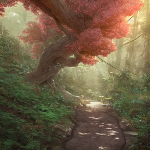 Image similar to forest path, beautiful ancient trees, hiding large treasure chest, serene evening atmosphere, soft lens, soft light, cel - shading, animation, in the style of cgsociety, deviantart, artstation, zbrush, cinema 4 d, studio ghibli, akihiko yoshida, atelier lulua, masamune shirow