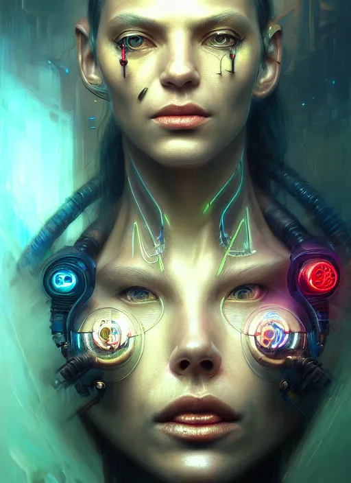 Image similar to closeup portrait of a cyborg in a scenic dystopian neon environment, intricate, elegant, highly detailed, centered, digital painting, artstation, concept art, smooth, sharp focus, illustration, artgerm, tomasz alen kopera, peter mohrbacher, donato giancola, joseph christian leyendecker, wlop,