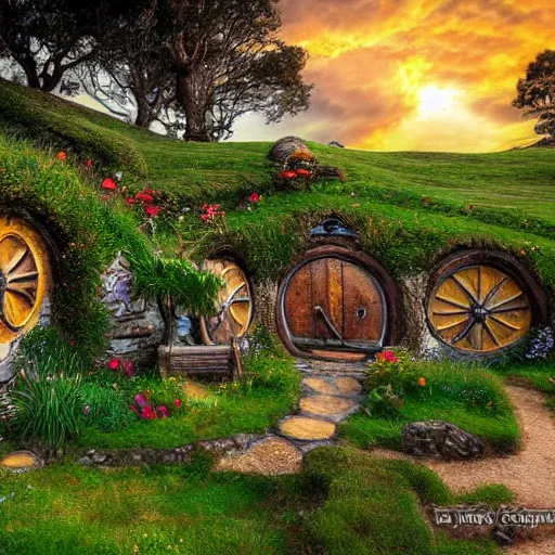 Image similar to hobbiton landscape with huge jewels all around, fantasy, rock, high detail